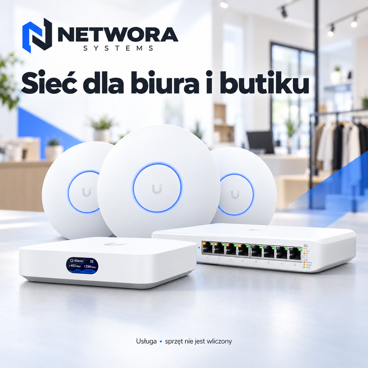 NETWORA SYSTEMS — Sieć dla biura lub butiku — montaż i konfiguracja; ilustracja usługi
